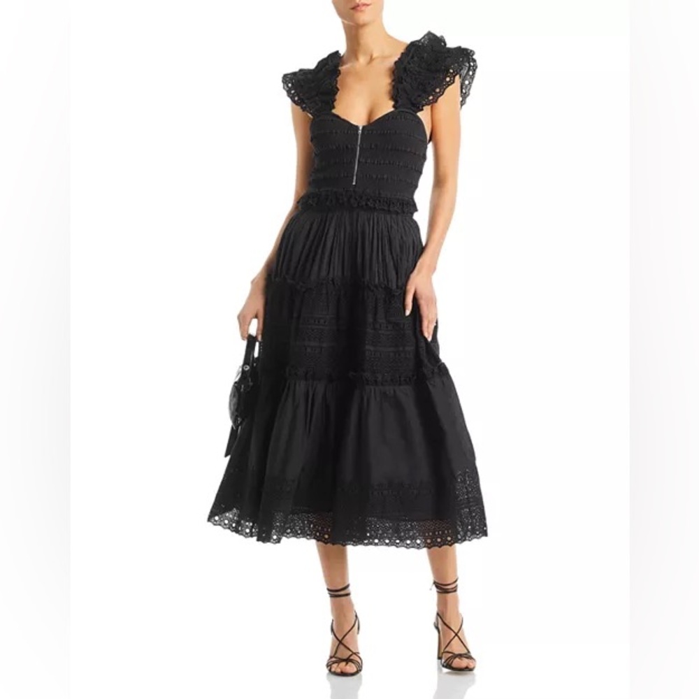 SEA NEW YORK Marley Pleated Sleeveless Midi Dress Black Sz S NWT Smocked Tiered